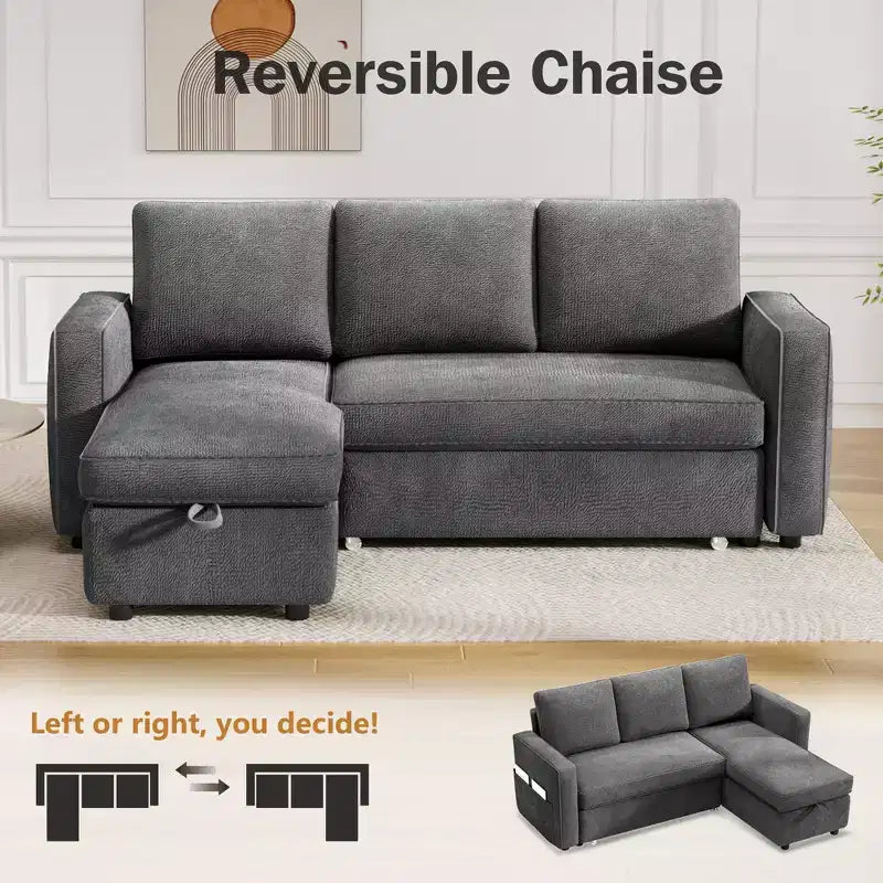 Dyonery 2 in 1 Pull Out Couch with Reversible Storage Chaise for Room 81Sectional L-Shaped Couch Sofa Sleeper with Side Pockets
