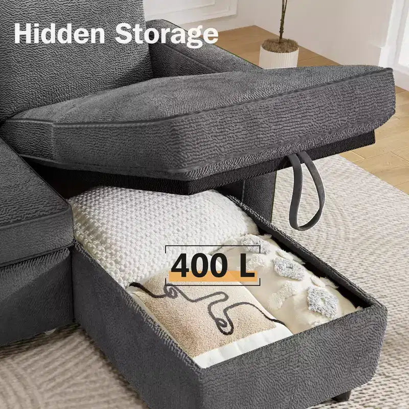 Dyonery 2 in 1 Pull Out Couch with Reversible Storage Chaise for Room 81Sectional L-Shaped Couch Sofa Sleeper with Side Pockets