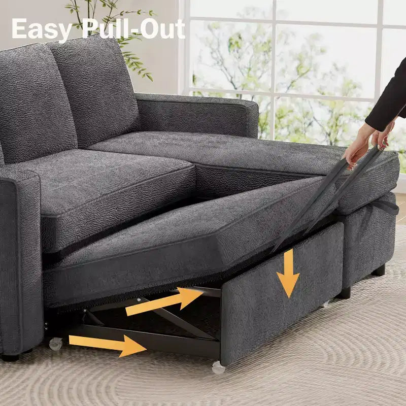 Dyonery 2 in 1 Pull Out Couch with Reversible Storage Chaise for Room 81Sectional L-Shaped Couch Sofa Sleeper with Side Pockets