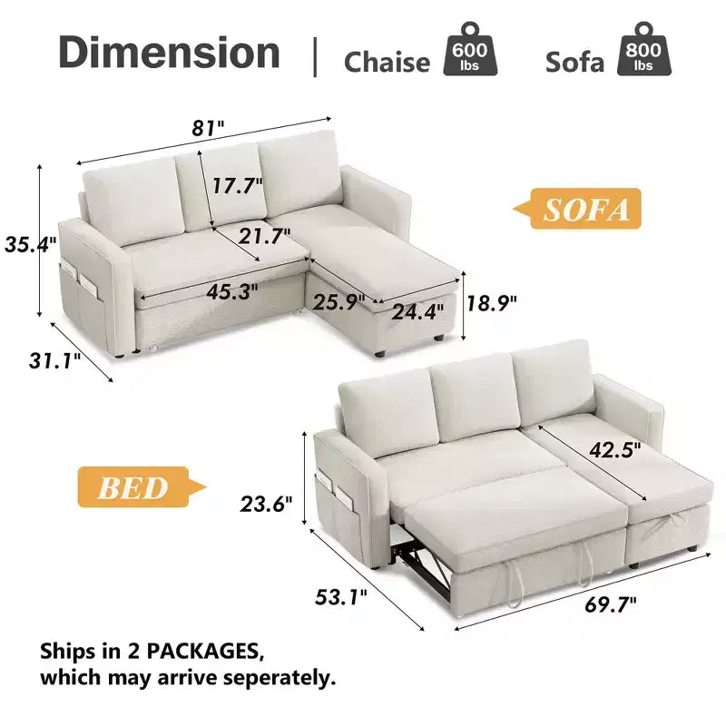 Dyonery 2 in 1 Pull Out Couch with Reversible Storage Chaise for Room 81Sectional L-Shaped Couch Sofa Sleeper with Side Pockets