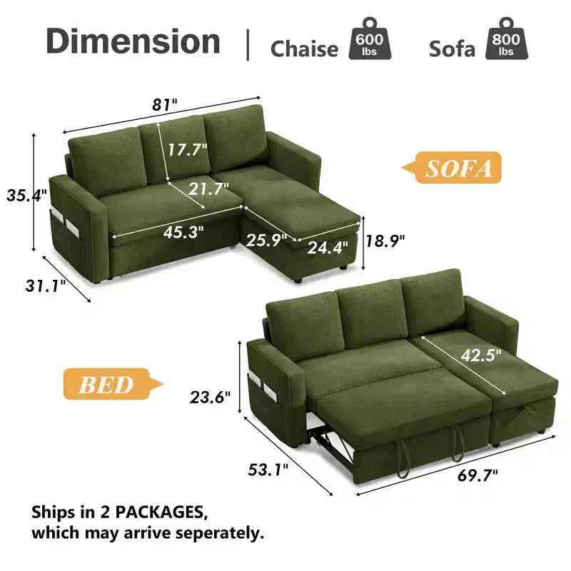 Dyonery 2 in 1 Pull Out Couch with Reversible Storage Chaise for Room 81Sectional L-Shaped Couch Sofa Sleeper with Side Pockets