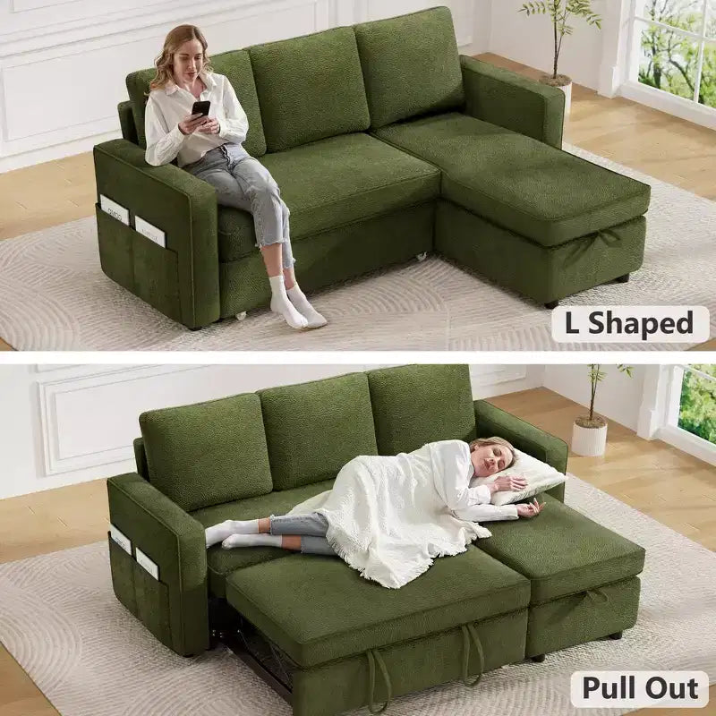 Dyonery 2 in 1 Pull Out Couch with Reversible Storage Chaise for Room 81Sectional L-Shaped Couch Sofa Sleeper with Side Pockets
