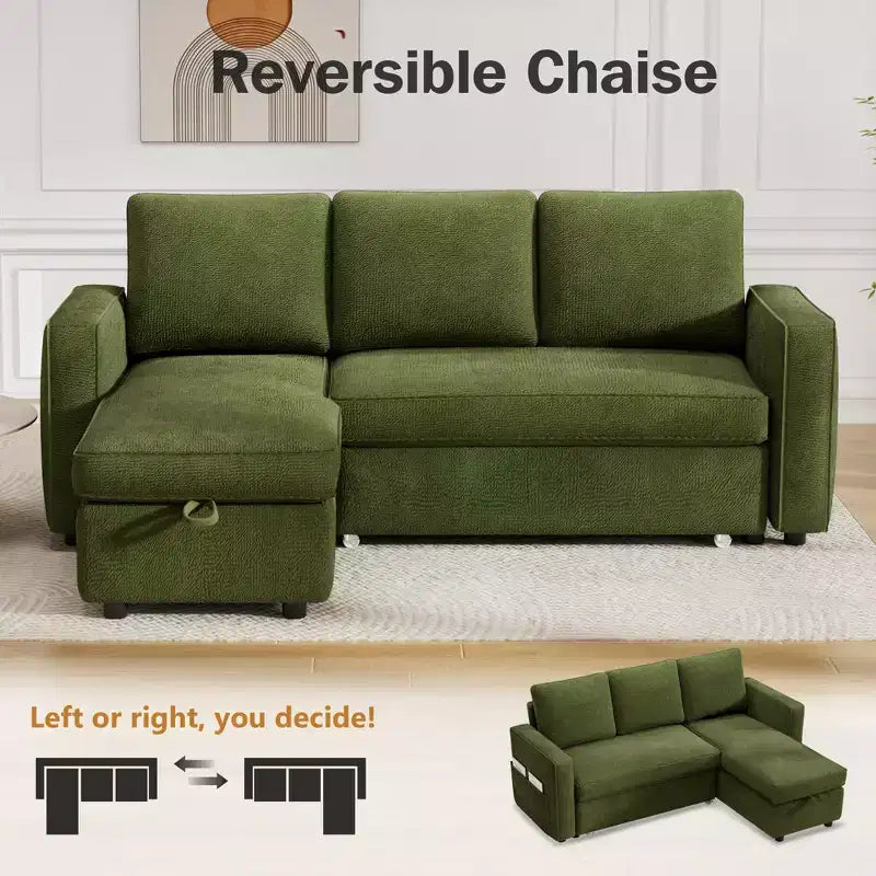 Dyonery 2 in 1 Pull Out Couch with Reversible Storage Chaise for Room 81Sectional L-Shaped Couch Sofa Sleeper with Side Pockets
