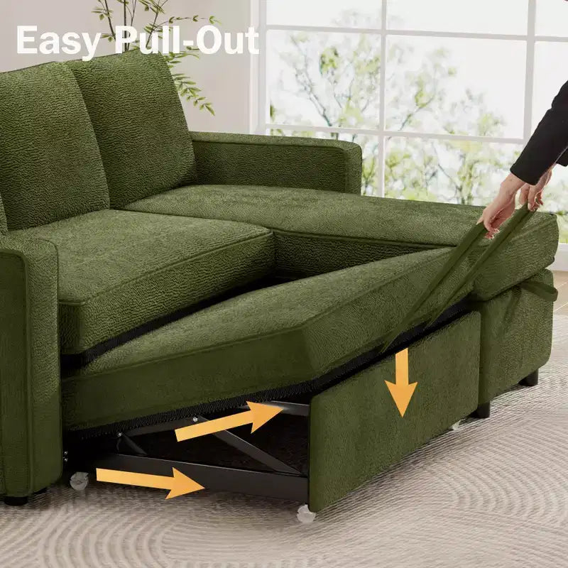 Dyonery 2 in 1 Pull Out Couch with Reversible Storage Chaise for Room 81Sectional L-Shaped Couch Sofa Sleeper with Side Pockets