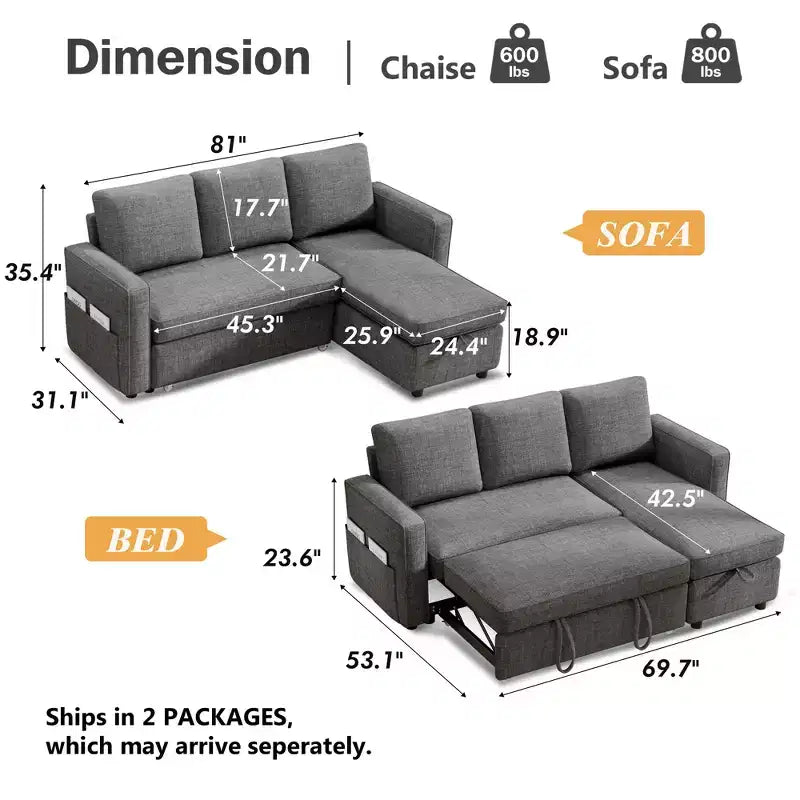 Dyonery 2 in 1 Pull Out Couch with Reversible Storage Chaise for Room 81Sectional L-Shaped Couch Sofa Sleeper with Side Pockets
