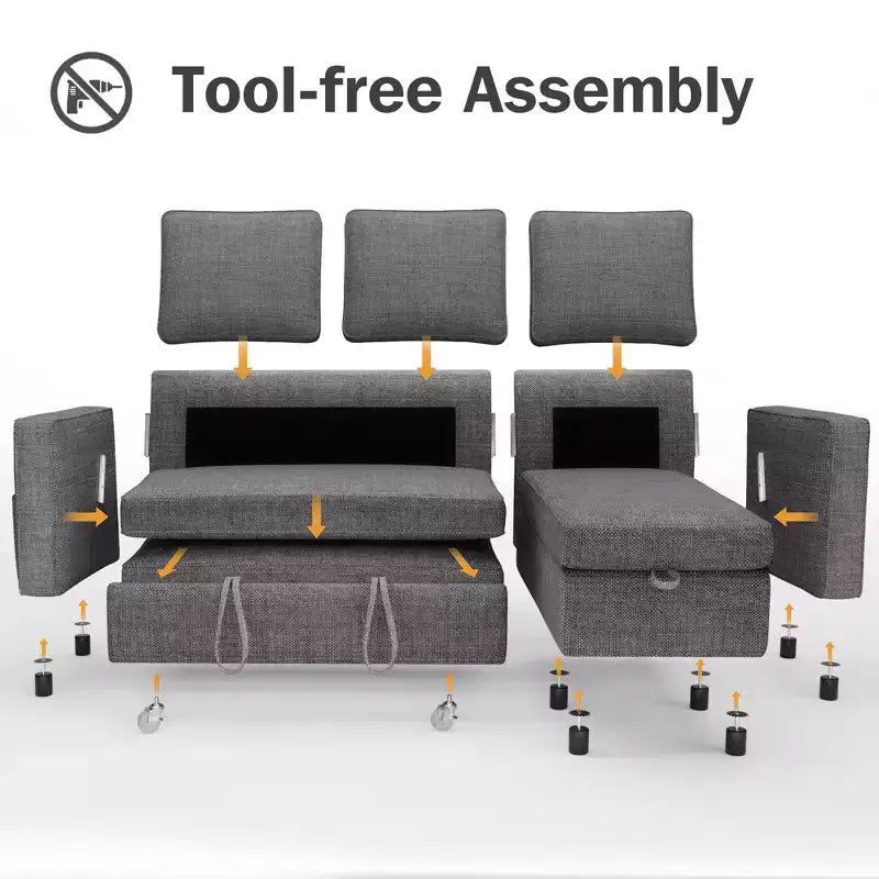 Dyonery 2 in 1 Pull Out Couch with Reversible Storage Chaise for Room 81Sectional L-Shaped Couch Sofa Sleeper with Side Pockets