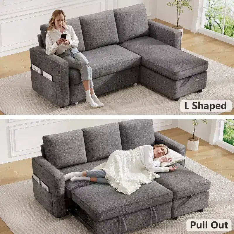 Dyonery 2 in 1 Pull Out Couch with Reversible Storage Chaise for Room 81Sectional L-Shaped Couch Sofa Sleeper with Side Pockets