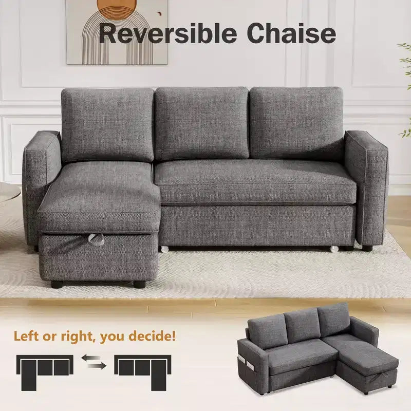 Dyonery 2 in 1 Pull Out Couch with Reversible Storage Chaise for Room 81Sectional L-Shaped Couch Sofa Sleeper with Side Pockets