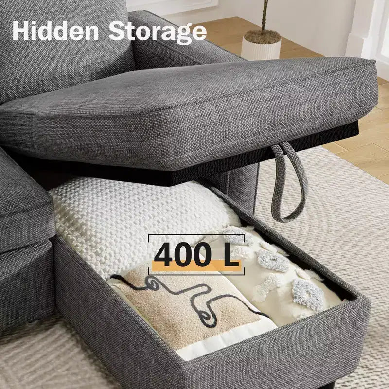 Dyonery 2 in 1 Pull Out Couch with Reversible Storage Chaise for Room 81Sectional L-Shaped Couch Sofa Sleeper with Side Pockets