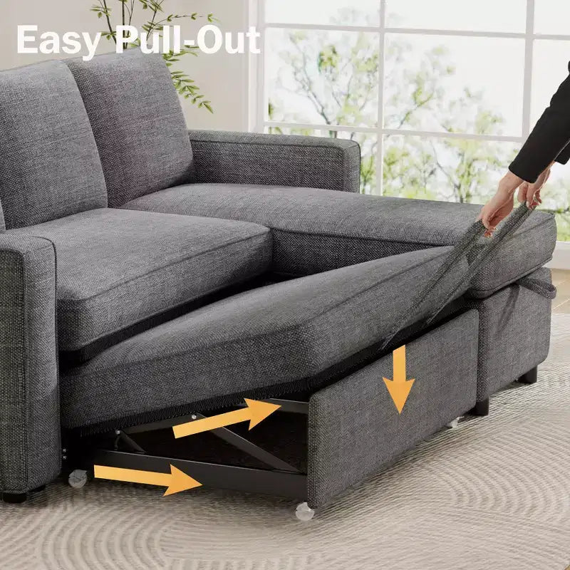 Dyonery 2 in 1 Pull Out Couch with Reversible Storage Chaise for Room 81Sectional L-Shaped Couch Sofa Sleeper with Side Pockets