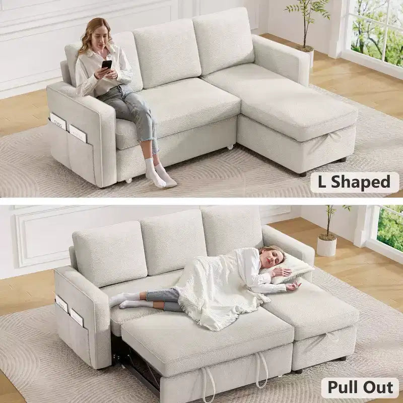Dyonery 2 in 1 Pull Out Couch with Reversible Storage Chaise for Room 81Sectional L-Shaped Couch Sofa Sleeper with Side Pockets