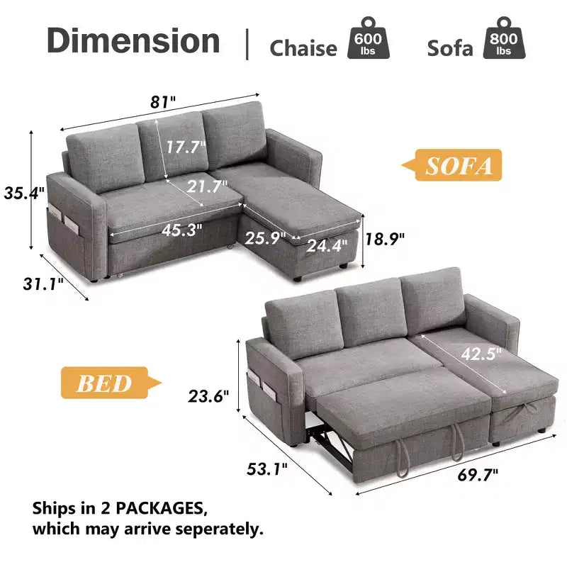 Dyonery 2 in 1 Pull Out Couch with Reversible Storage Chaise for Room 81Sectional L-Shaped Couch Sofa Sleeper with Side Pockets