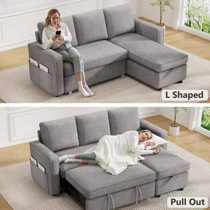 Dyonery 2 in 1 Pull Out Couch with Reversible Storage Chaise for Room 81Sectional L-Shaped Couch Sofa Sleeper with Side Pockets