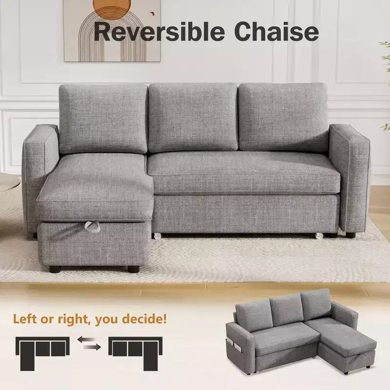 Dyonery 2 in 1 Pull Out Couch with Reversible Storage Chaise for Room 81Sectional L-Shaped Couch Sofa Sleeper with Side Pockets
