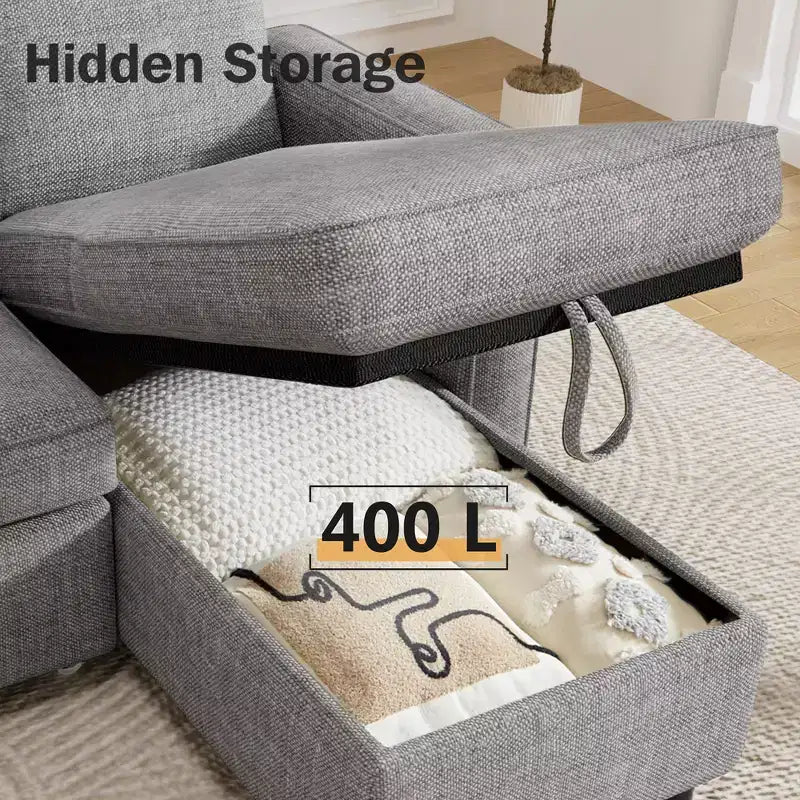 Dyonery 2 in 1 Pull Out Couch with Reversible Storage Chaise for Room 81Sectional L-Shaped Couch Sofa Sleeper with Side Pockets