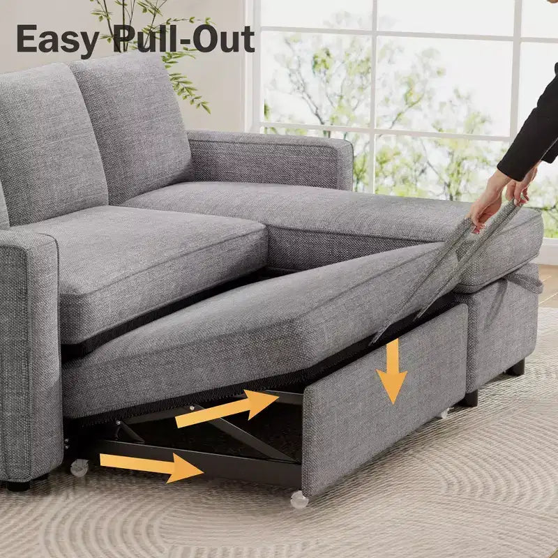 Dyonery 2 in 1 Pull Out Couch with Reversible Storage Chaise for Room 81Sectional L-Shaped Couch Sofa Sleeper with Side Pockets