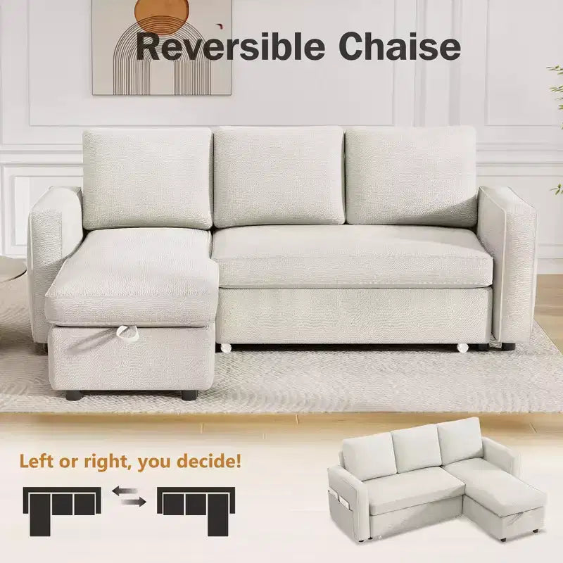 Dyonery 2 in 1 Pull Out Couch with Reversible Storage Chaise for Room 81Sectional L-Shaped Couch Sofa Sleeper with Side Pockets