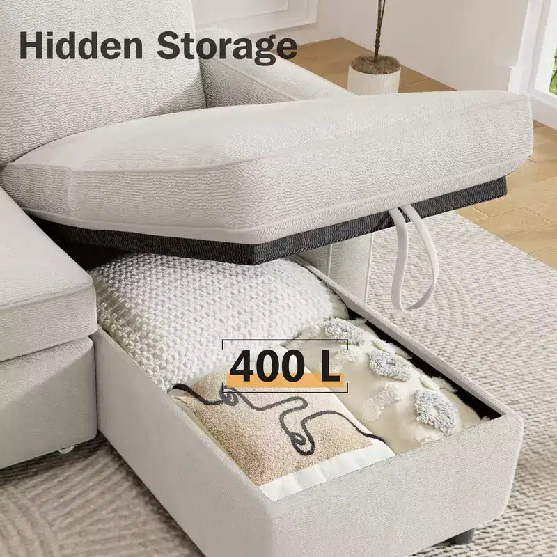 Dyonery 2 in 1 Pull Out Couch with Reversible Storage Chaise for Room 81Sectional L-Shaped Couch Sofa Sleeper with Side Pockets