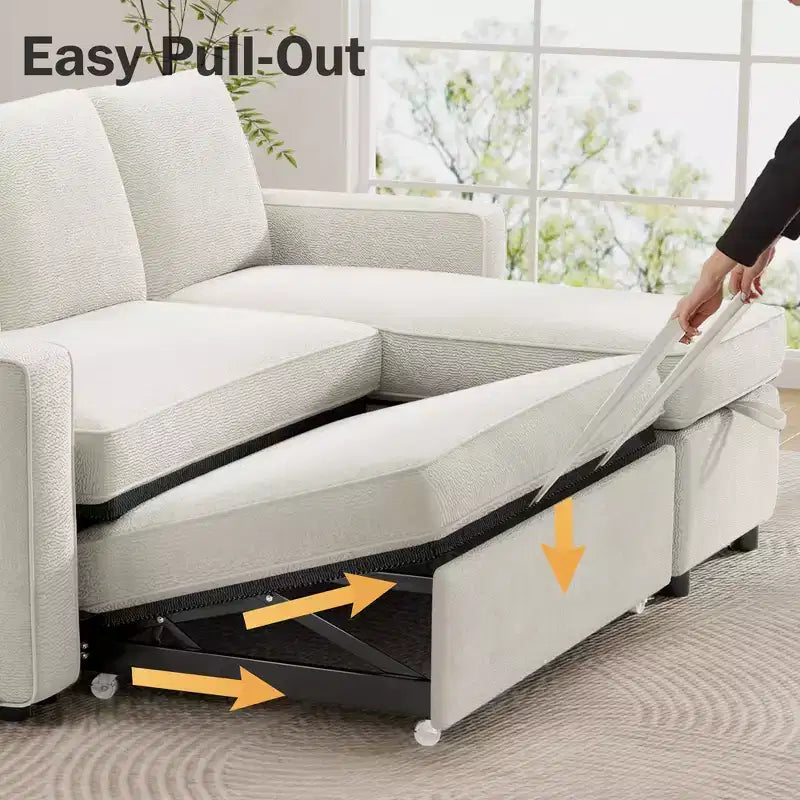 Dyonery 2 in 1 Pull Out Couch with Reversible Storage Chaise for Room 81Sectional L-Shaped Couch Sofa Sleeper with Side Pockets