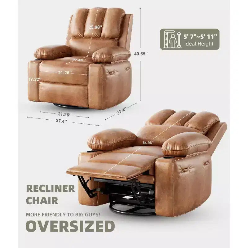 Oversized Recliner Chairs with Heat and Massage - Swivel Lazy Recliner Chair for Adults- Manual Chair with Cup Holder, Bedrooms and Nurseries