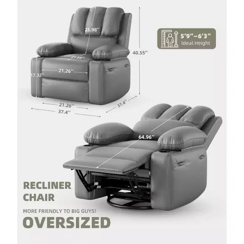Oversized Recliner Chairs with Heat and Massage - Swivel Lazy Recliner Chair for Adults- Manual Chair with Cup Holder, Bedrooms and Nurseries