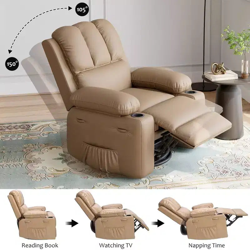 Leather Recliner Chair, Manual Recliner w/Comfortable Arms and Cup Holders for Living Room CF8011