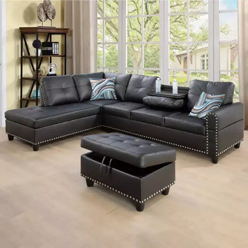 Modern 3-Piece L-Shaped Sofa Set in Black Synthetic Leather