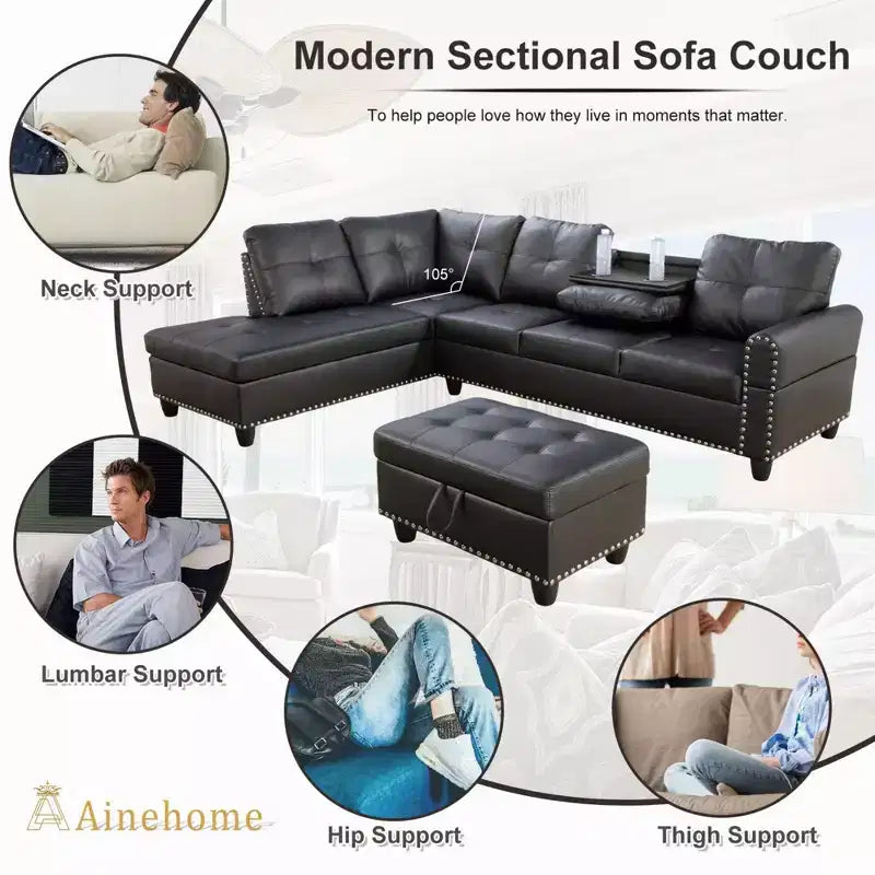 Modern 3-Piece L-Shaped Sofa Set in Black Synthetic Leather