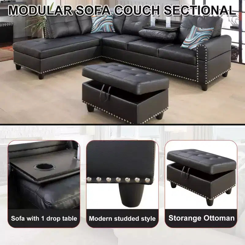 Modern 3-Piece L-Shaped Sofa Set in Black Synthetic Leather