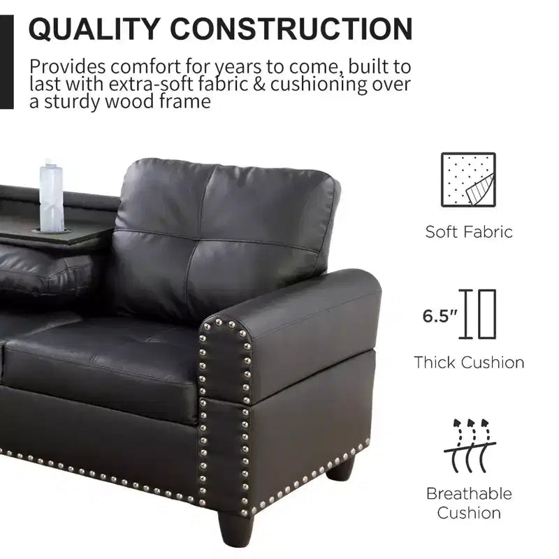 Modern 3-Piece L-Shaped Sofa Set in Black Synthetic Leather