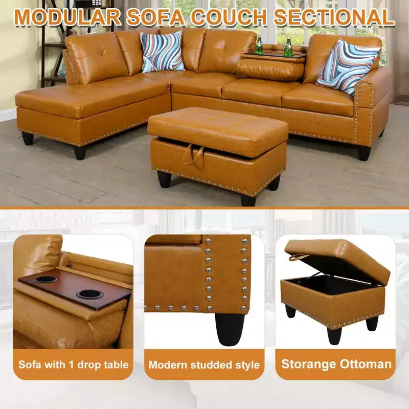 Modern 3-Piece L-Shaped Sofa Set in Black Synthetic Leather