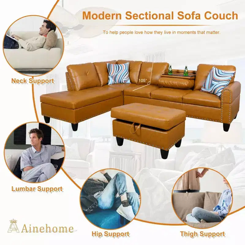 Modern 3-Piece L-Shaped Sofa Set in Black Synthetic Leather