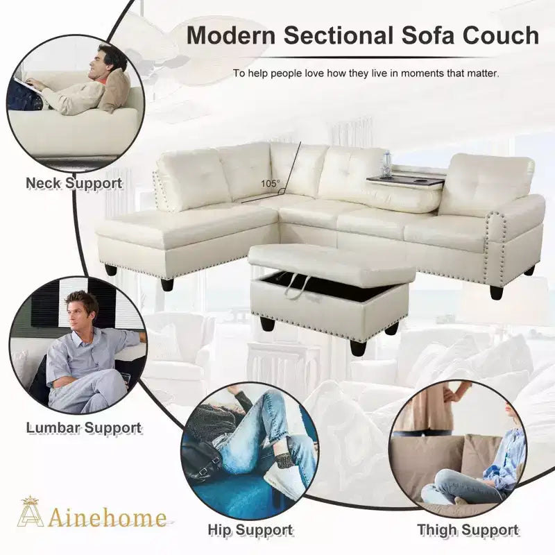 Modern 3-Piece L-Shaped Sofa Set in Black Synthetic Leather