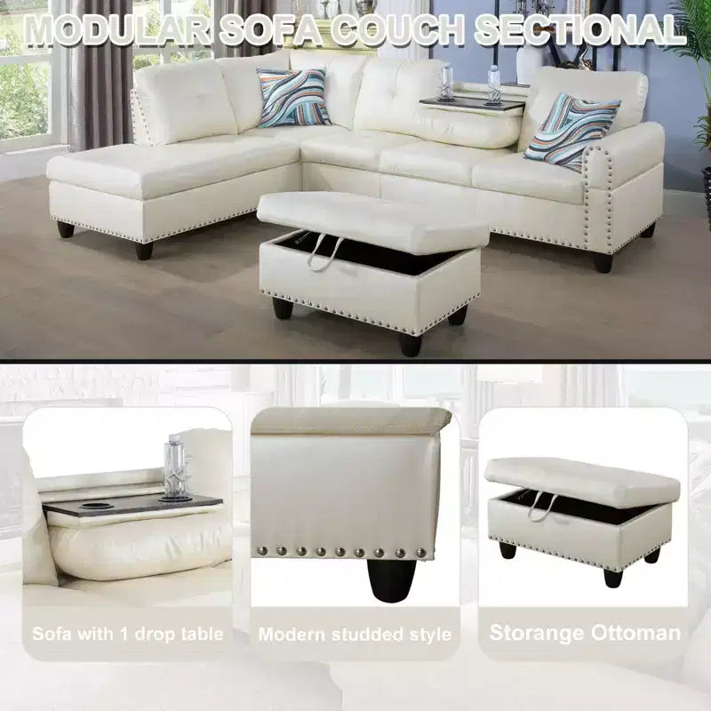 Modern 3-Piece L-Shaped Sofa Set in Black Synthetic Leather