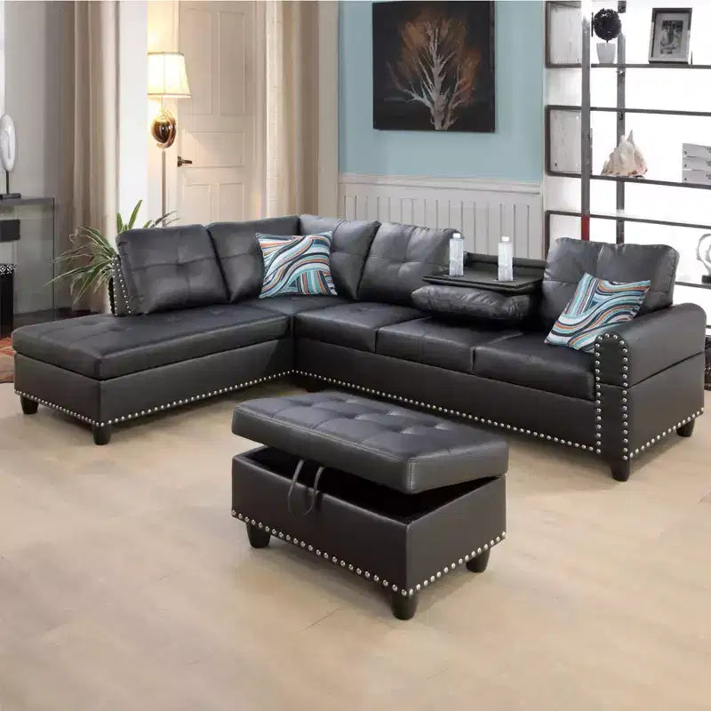 Modern 3-Piece L-Shaped Sofa Set in Black Synthetic Leather