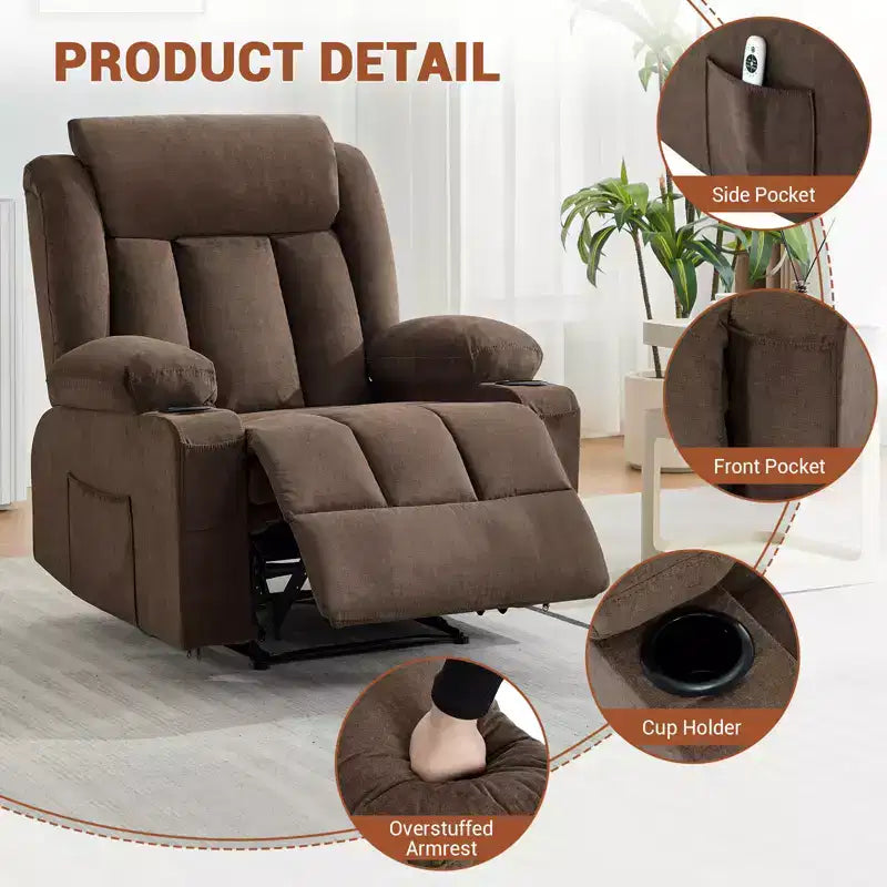 Recliner Chair, Manual Reclining Sofa with Massage and Heat, Overstuffed Rocking Chair w/ Side Pockets, Front Pockets and Cup Holder for Living Room