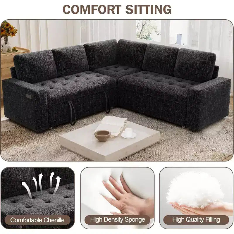 Dyonery modular bunk sofa with pull-out bed, L-shaped 5-seat modular combination sofa, adjustable backrest/storage seat, tool-free assembly