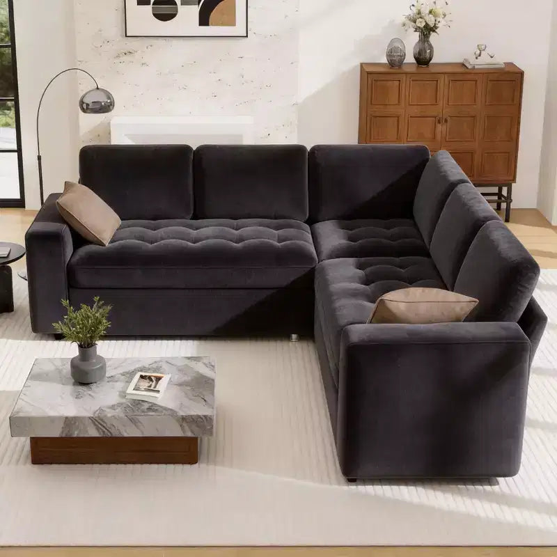 Dyonery modular bunk sofa with pull-out bed, L-shaped 5-seat modular combination sofa, adjustable backrest/storage seat, tool-free assembly