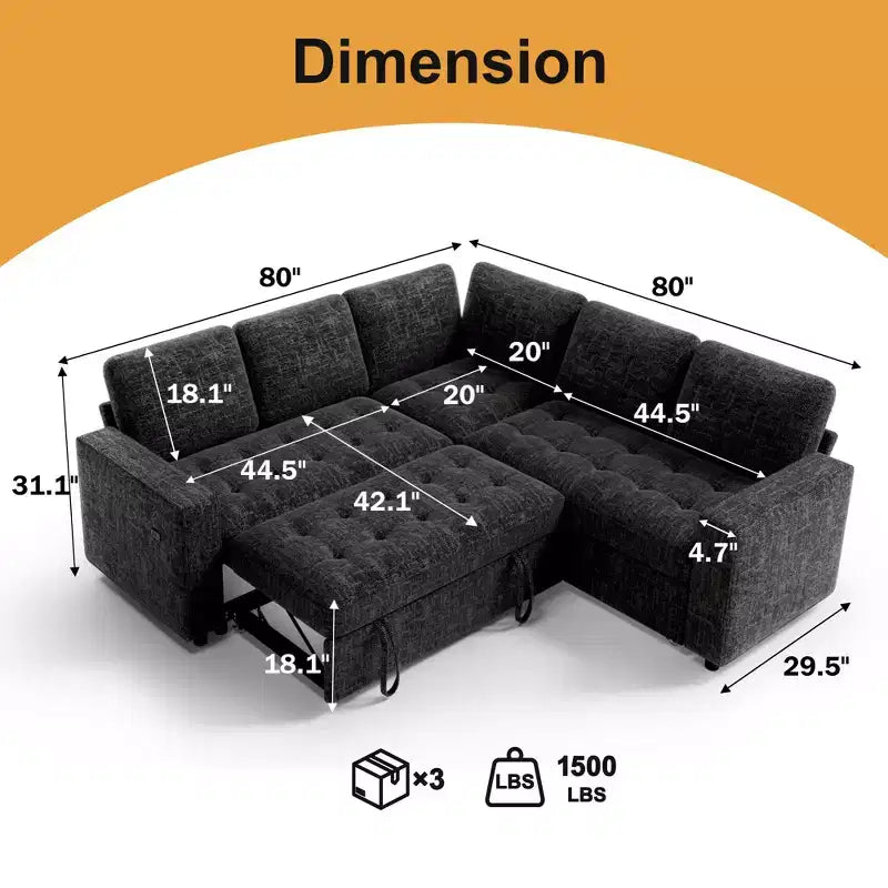 Dyonery modular bunk sofa with pull-out bed, L-shaped 5-seat modular combination sofa, adjustable backrest/storage seat, tool-free assembly