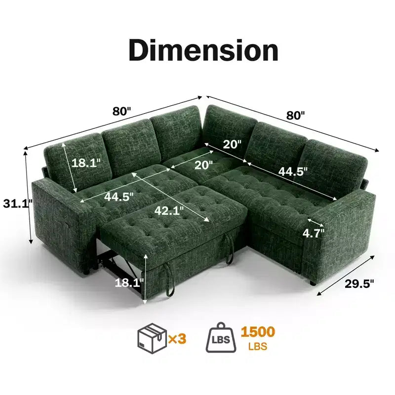 Dyonery modular bunk sofa with pull-out bed, L-shaped 5-seat modular combination sofa, adjustable backrest/storage seat, tool-free assembly