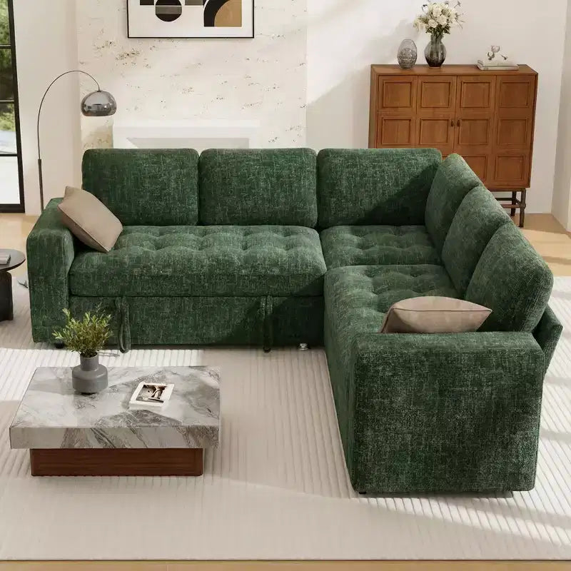Dyonery modular bunk sofa with pull-out bed, L-shaped 5-seat modular combination sofa, adjustable backrest/storage seat, tool-free assembly