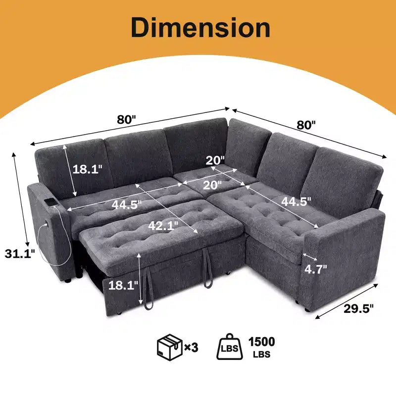 Dyonery modular bunk sofa with pull-out bed, L-shaped 5-seat modular combination sofa, adjustable backrest/storage seat, tool-free assembly