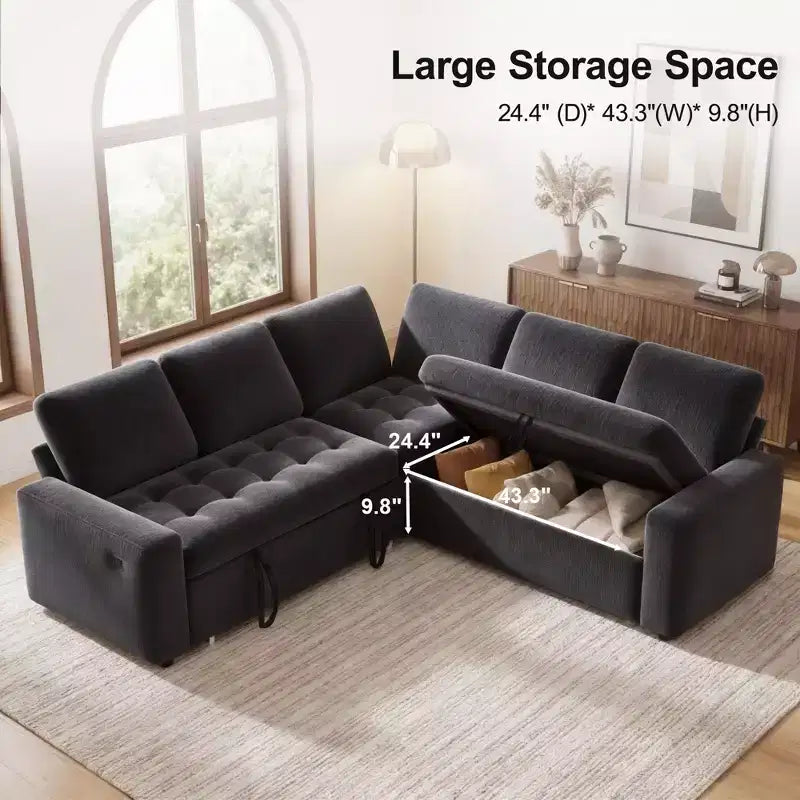 Dyonery modular bunk sofa with pull-out bed, L-shaped 5-seat modular combination sofa, adjustable backrest/storage seat, tool-free assembly