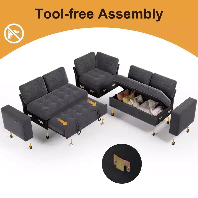 Dyonery modular bunk sofa with pull-out bed, L-shaped 5-seat modular combination sofa, adjustable backrest/storage seat, tool-free assembly