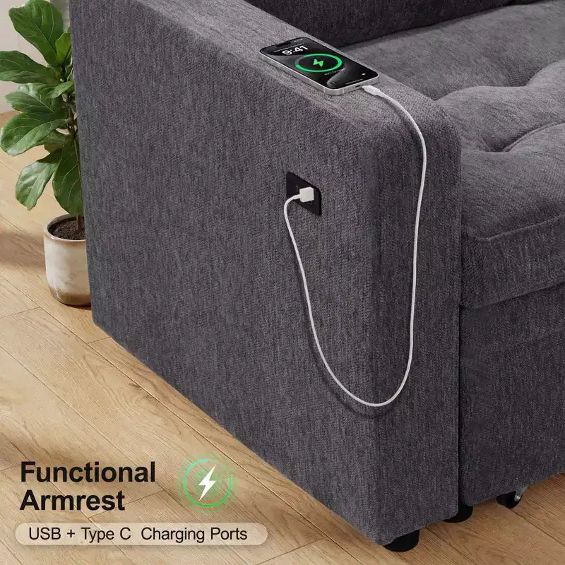 Dyonery modular bunk sofa with pull-out bed, L-shaped 5-seat modular combination sofa, adjustable backrest/storage seat, tool-free assembly