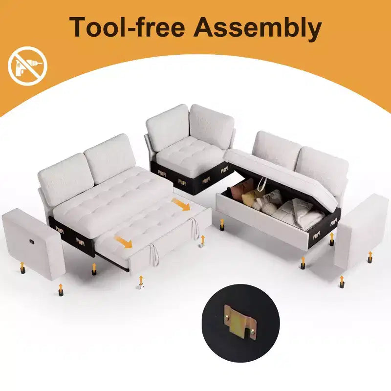 Dyonery modular bunk sofa with pull-out bed, L-shaped 5-seat modular combination sofa, adjustable backrest/storage seat, tool-free assembly