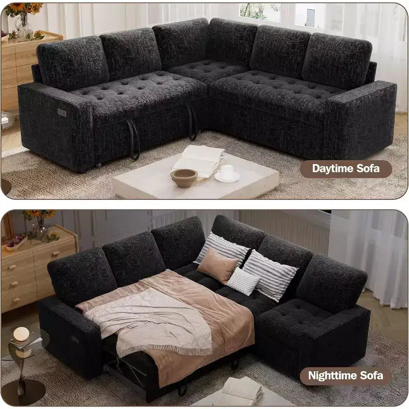 Sofá litera modular Dyonery con cama extraíble, sofá modular en forma de L de 5 plazas, respaldo ajustable/asiento de almacenamiento, montaje sin herramientas
