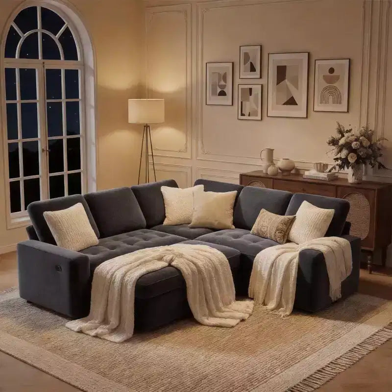 Sofá litera modular Dyonery con cama extraíble, sofá modular en forma de L de 5 plazas, respaldo ajustable/asiento de almacenamiento, montaje sin herramientas