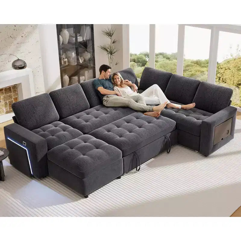 Dyonery 7-seater U-shaped sofa, Modular sofa bed, with pull-out bed, reclining backrest, storage cabinet, tool-free assembly, snow velvet