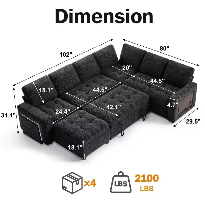 Dyonery 7-seater U-shaped sofa, Modular sofa bed, with pull-out bed, reclining backrest, storage cabinet, tool-free assembly, snow velvet